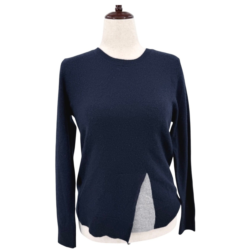 Kier + J Womens 100% Cashmere Crew Neck Sweater Navy Blue Grey Slit Size L